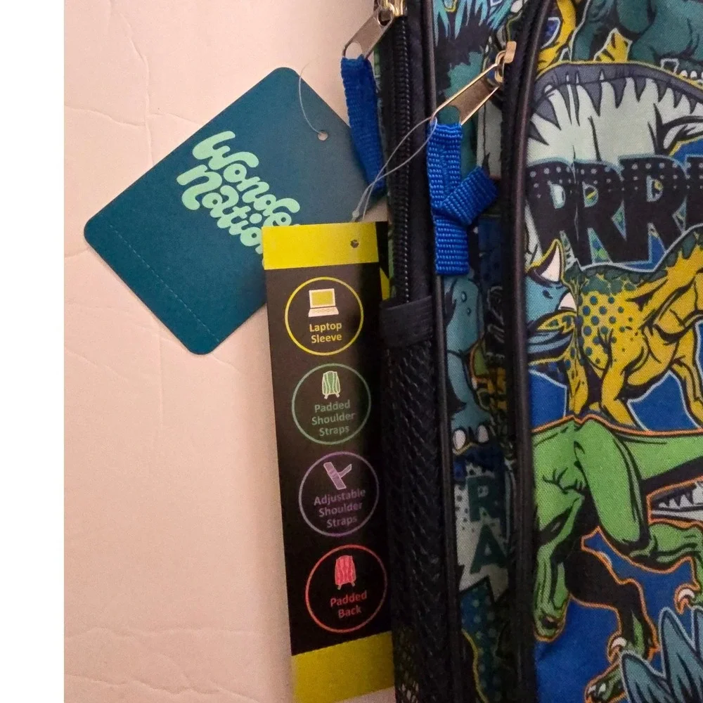 Wonder Nation 17 Inch Dinosaur Backpack Blue Green Roar Laptop Sleeve NWT